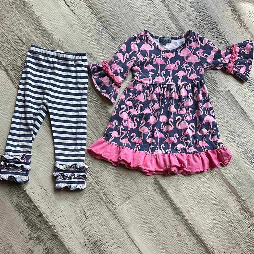Simply Southern Flamingo Dress & Pants 2 Piece Outfit Girls toddler size 2T